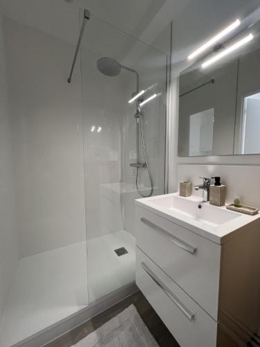ein weißes Bad mit einem Waschbecken und einer Dusche in der Unterkunft Appartement situé en plein coeur du centre-ville in Rochefort