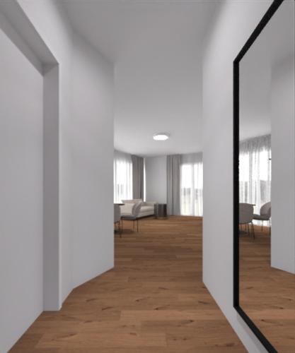 MOOI Apartments Grenchen في غرنشن: ممر مفتوح مع جدران بيضاء ومرآة