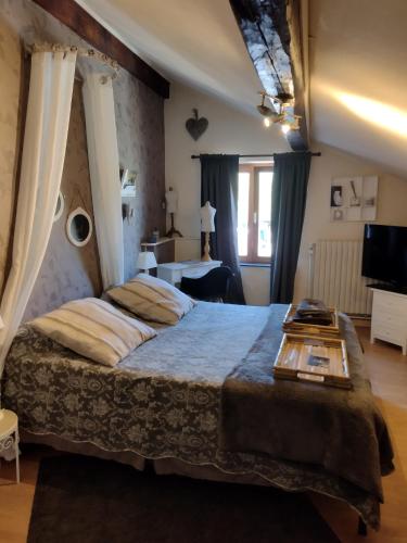 1 dormitorio con 1 cama grande y TV en Moulin De Moxhe micro gîte et gîte - Bed & Dreams, en Moxhe