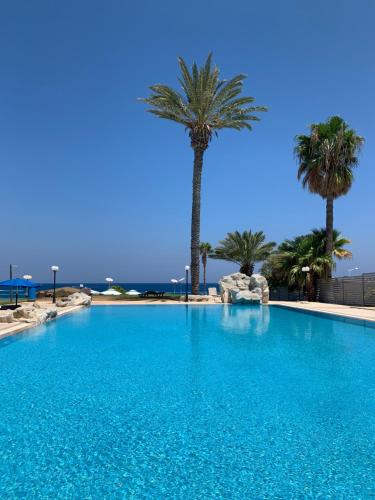 a large swimming pool with palm trees in the background at PALLINIO COURT 402 Fig Tree Bay- Protaras Beach, IASONOS STR 7A in Protaras