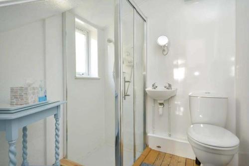 聖安德魯斯的住宿－Heywood Cottage，白色的浴室设有卫生间和水槽。