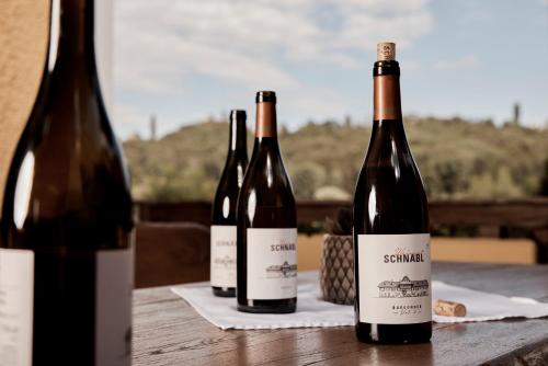 tres botellas de vino sentadas en una mesa de madera en Bio Weingut Matthias Schnabl en Gamlitz