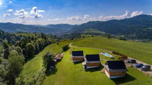 widok z góry na dom na zielonym polu w obiekcie Chatki Niwkii u Zbója Studio z antresolą w Krościenku