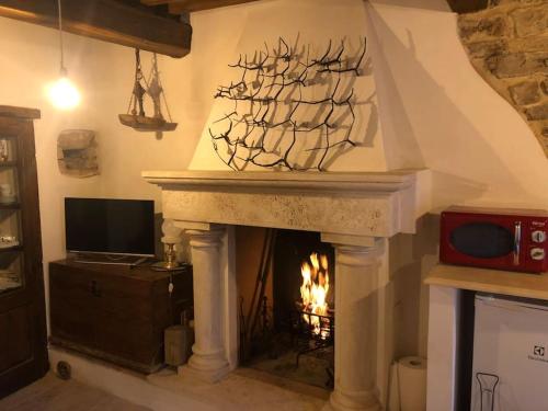 a fireplace in a living room with a fire place at La Casa nel Castellare in Campiglia dʼOrcia