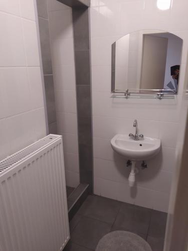 a white bathroom with a sink and a mirror at Pingpong Apartman in Soltvadkert