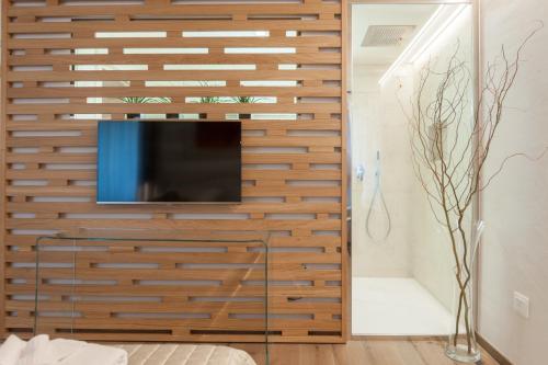 a living room with a tv on a wooden wall at Verona Suites in Verona