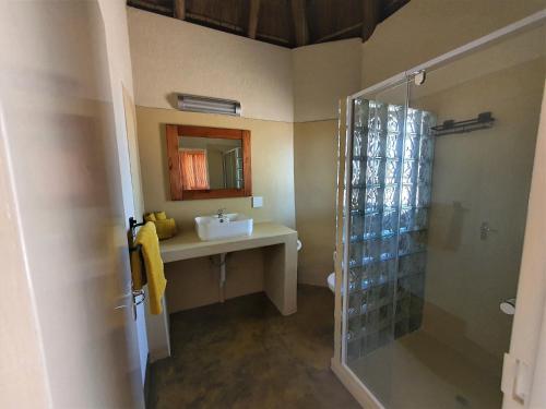 a bathroom with a sink and a mirror and a shower at Masorini Bush Lodge in Phalaborwa