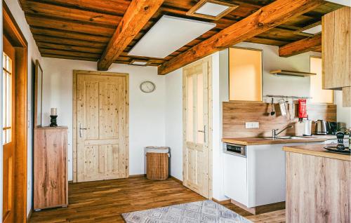 a kitchen with wooden ceilings and a wooden door at Ferienhaus Gaas Weinberg in Gaas