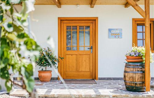 Ferienhaus Gaas Weinberg في Gaas: باب أمام منزل به نباتات الفخار