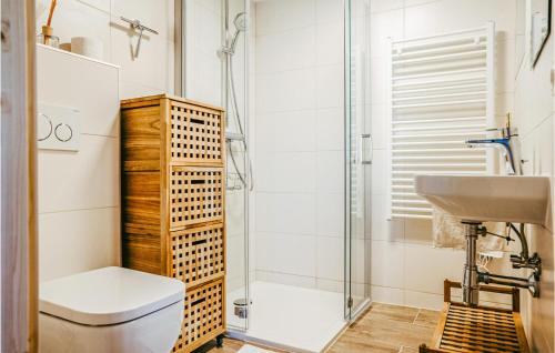 e bagno con doccia, servizi igienici e lavandino. di Ferienhaus Gaas Weinberg a Gaas