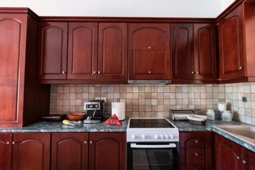 a kitchen with wooden cabinets and a stove top oven at Τα ανετα διαμμερισματα του Λεκα in Zakharo