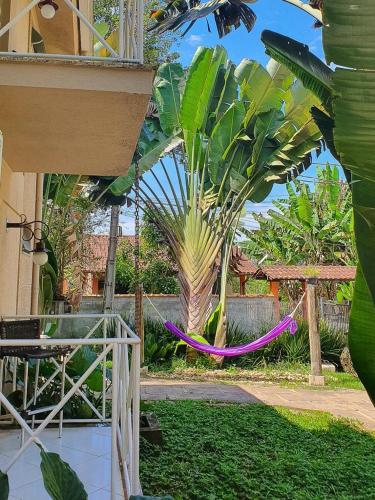 a garden with a palm tree and a hammock at Pousada Reserva Penedo in Penedo