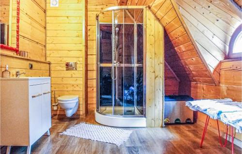 - une salle de bains pourvue d'une douche dans une cabine en bois dans l'établissement Nice Home In Ustka With Wifi, à Ustka