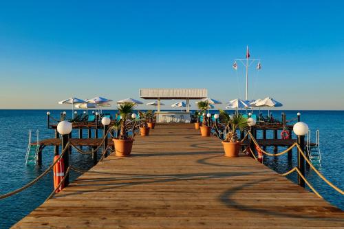 a wooden dock with plants and umbrellas on the water at Crystal Centro Resort - Ultimate All Inclusive in Lara