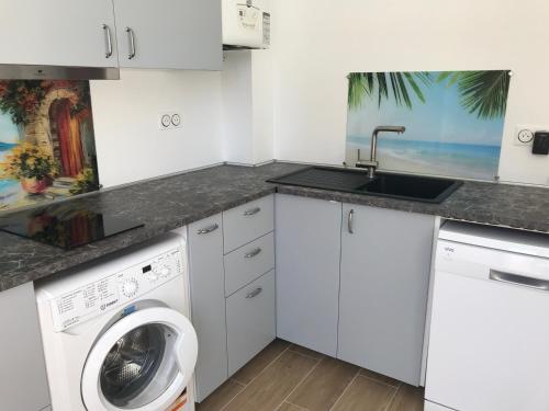 uma cozinha branca com um lavatório e uma máquina de lavar roupa em Villa Niçoise.3P. 5 min de la plage em Nice