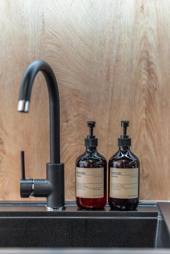 two bottles of soap sitting on a kitchen sink at Apartmán Molo Lipno in Lipno nad Vltavou
