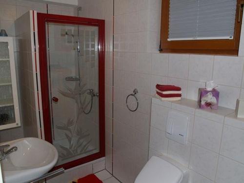 een badkamer met een douche, een toilet en een wastafel bij Komfort-Ferienwohnungen Walkmühle in Münstermaifeld