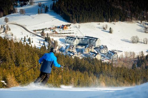 a man is skiing down a snow covered slope at Aparthotel Apartamenty Czarna Góra 227 in Sienna