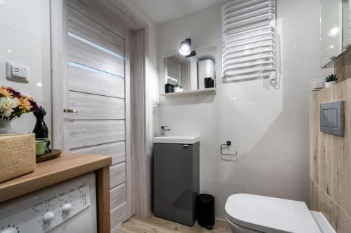 a small bathroom with a toilet and a sink at OW Mewa domki apartamenty nad jeziorem in Nysa