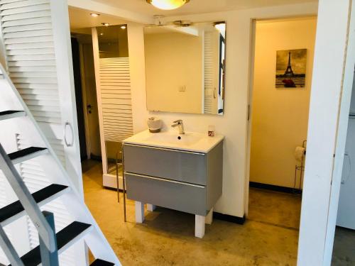 La salle de bains est pourvue d'un lavabo et d'un miroir. dans l'établissement Grand studio à louer avec terrasse, à Saint-Marcel-lès-Valence