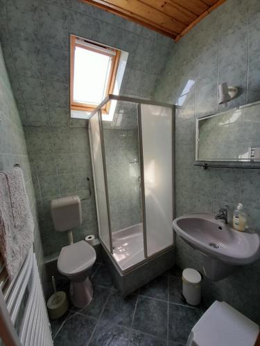 a bathroom with a shower and a sink and a toilet at Ilona Vendégház Balatonszabadi in Balatonszabadi