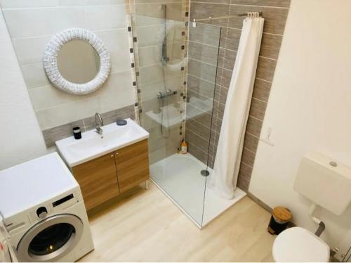 une salle de bain avec douche et lavabo et une machine à laver dans l'établissement Maison de pêcheur classée 3 étoiles, à Saint-Valery-sur-Somme