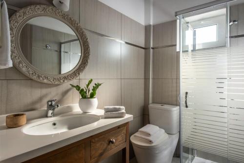 a bathroom with a sink and a toilet and a mirror at Filothei Beach House with pool in Kalamaki Heraklion