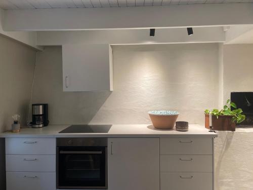 una cocina con armarios blancos y un bol en una encimera en Two Bedroom, Newly Renovated, Garden Apartment, Gärsnäs Österlen, en Gärsnäs