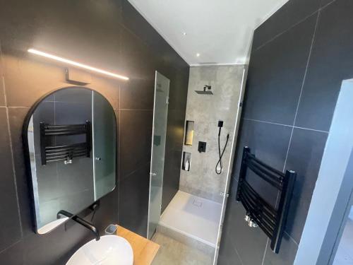 a bathroom with a shower and a toilet and a mirror at Engels apartment in Cluj-Napoca