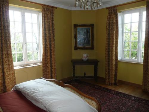 ein Schlafzimmer mit einem Bett in einem Zimmer mit Fenstern in der Unterkunft Chateau des Barrigards in Ladoix Serrigny