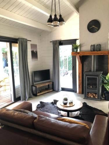 a living room with a couch and a fireplace at De Genten 2, Vakantiewoning met jacuzzi en sauna in Ermelo