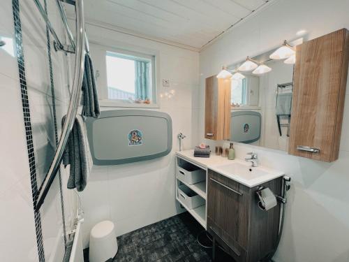 a bathroom with a sink and a mirror at Pieni lomahuoneisto ja ulkoporeallas in Mynämäki