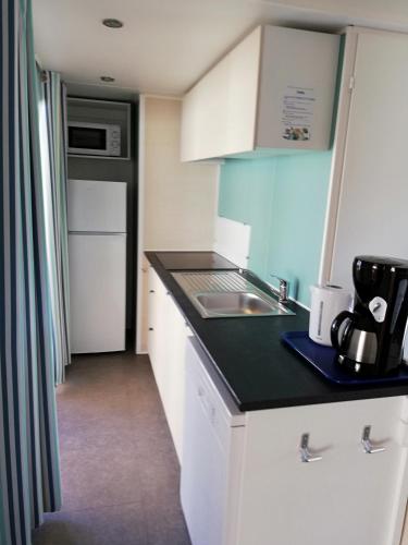 a small kitchen with a sink and a counter top at Camping Le Beaulieu in Puilboreau