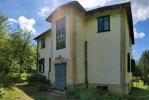 una vieja casa blanca con una puerta azul en Willa Gaszek, en Inowłódz