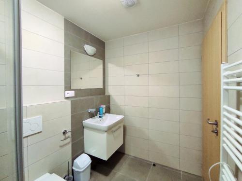 a bathroom with a sink and a mirror at Apartmány Říčky II. in Říčky