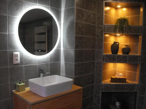 een badkamer met een wastafel en een spiegel bij Le Sommelet in Somme-Leuze