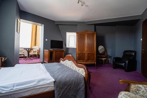 een slaapkamer met een bed, een tv en een stoel bij Hotel Polonia in Toruń