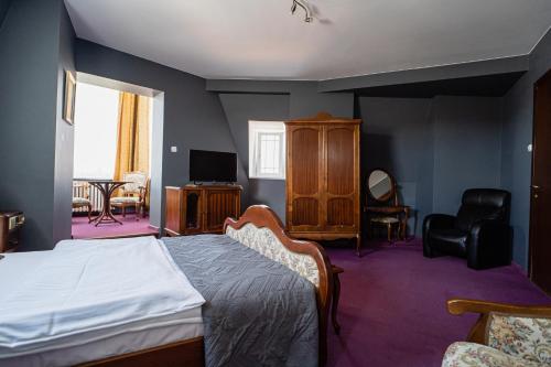 1 dormitorio con 1 cama, TV y silla en Hotel Polonia, en Toruń
