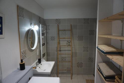 uma casa de banho com um lavatório e um espelho em Le Gîte de Moquesouris em Nazelles