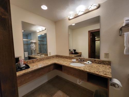 a bathroom with a sink and a large mirror at The Inn at Shady Lawn in Newland