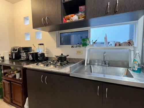 a kitchen with a sink and a counter top at Hermoso apartasol en santafe de Antioquia. in Santa Fe de Antioquia