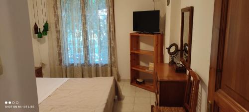 a small bedroom with a bed and a television at Colors Apartments Pilio in Afissos