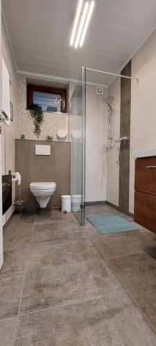 a bathroom with a toilet and a glass shower at Kleine Auszeit in Mendig