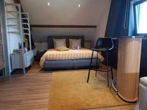 um quarto com uma cama, uma cadeira e uma escada em L 'Anima BB & table d'hôte em Helecine