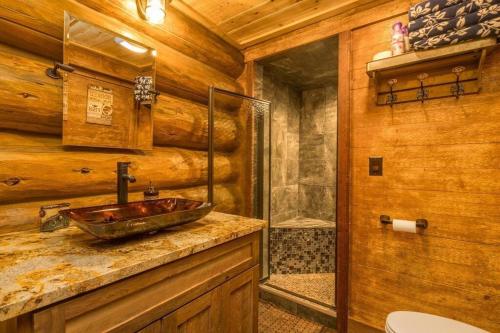 un bagno con lavandino e doccia di Northwoods Log Cabin - 3 acre retreat! a Webb Lake
