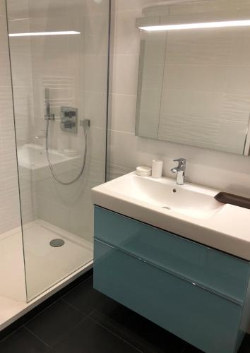 une salle de bain avec un lavabo et une douche dans l'établissement Elégant appartement dans le quartier Concorde à Paris, à Paris