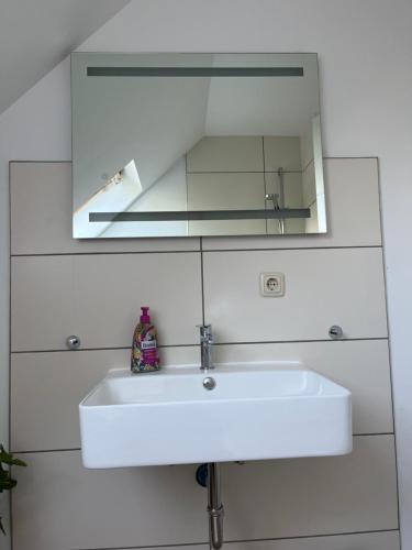 a white bathroom sink with a mirror above it at Deich Winde 9.1 in Dorum-Neufeld