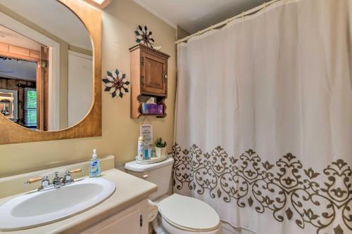 a bathroom with a sink and a toilet and a shower curtain at Tranquil Creekside Cottage with Deck and Lanai in Franklin