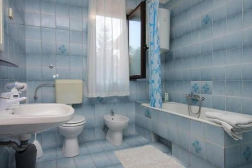 a blue tiled bathroom with a toilet and a sink at MURIN DELFIN in Umag