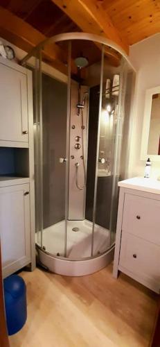 La salle de bains est pourvue d'une douche et d'une cabine de verre. dans l'établissement Délicieux moment de détente au coeur de Saint Martin de Ré, à Saint-Martin-de-Ré